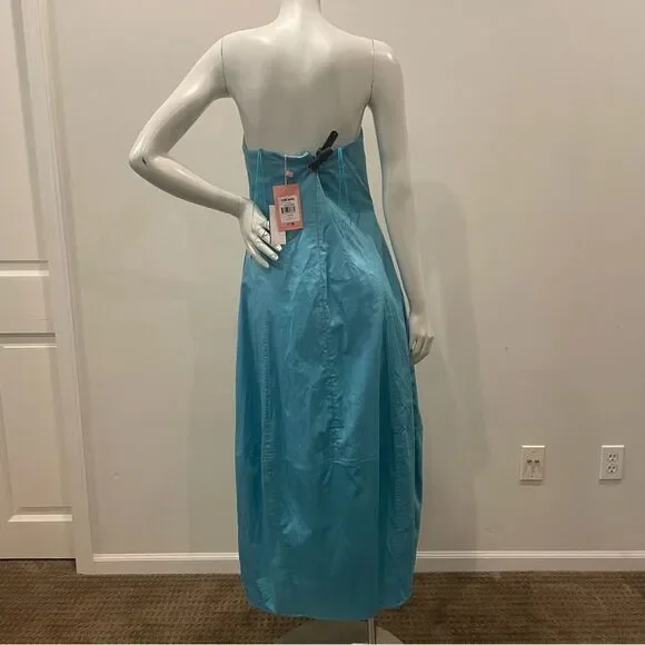 NWT CULT GAIA Chiara Sleeveless Blue Cotton-Blend Plunge Bubble Skirt Midi Dress - Picture 4 of 15